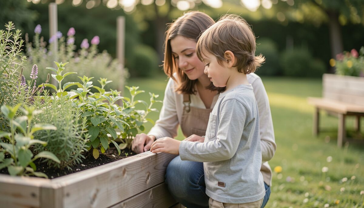 Eltern und Kind betrachten gemeinsam den Kräutergarten, bevor sie sanfte Mittel auswählen.
