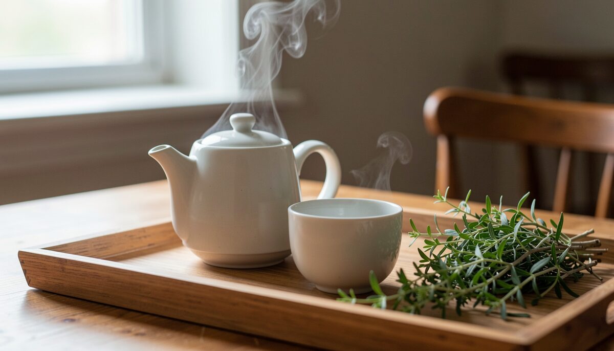 Frischer Kräutertee dampft in der Kanne, daneben wartet die Tasse.