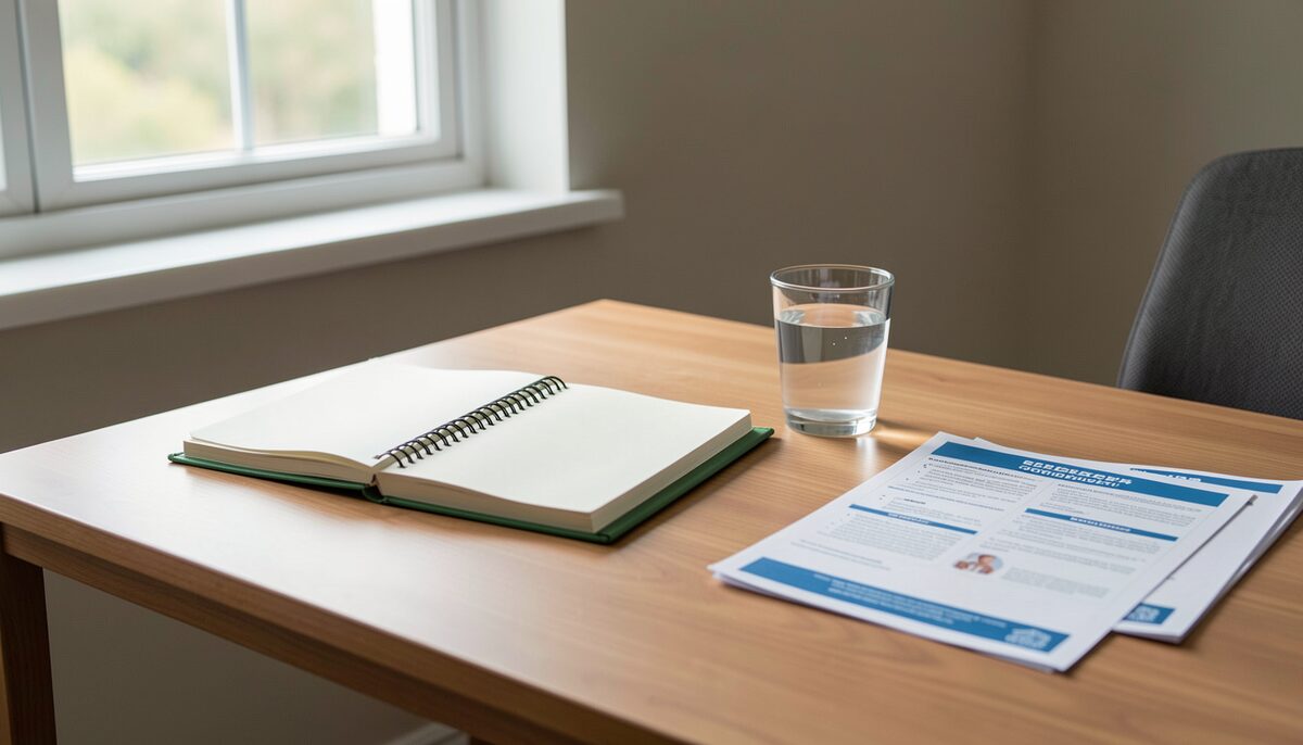 Ein ruhiger Arbeitsplatz mit Notizen, Wasser und Informationsblättern zur Naturheilkunde im Tageslicht.