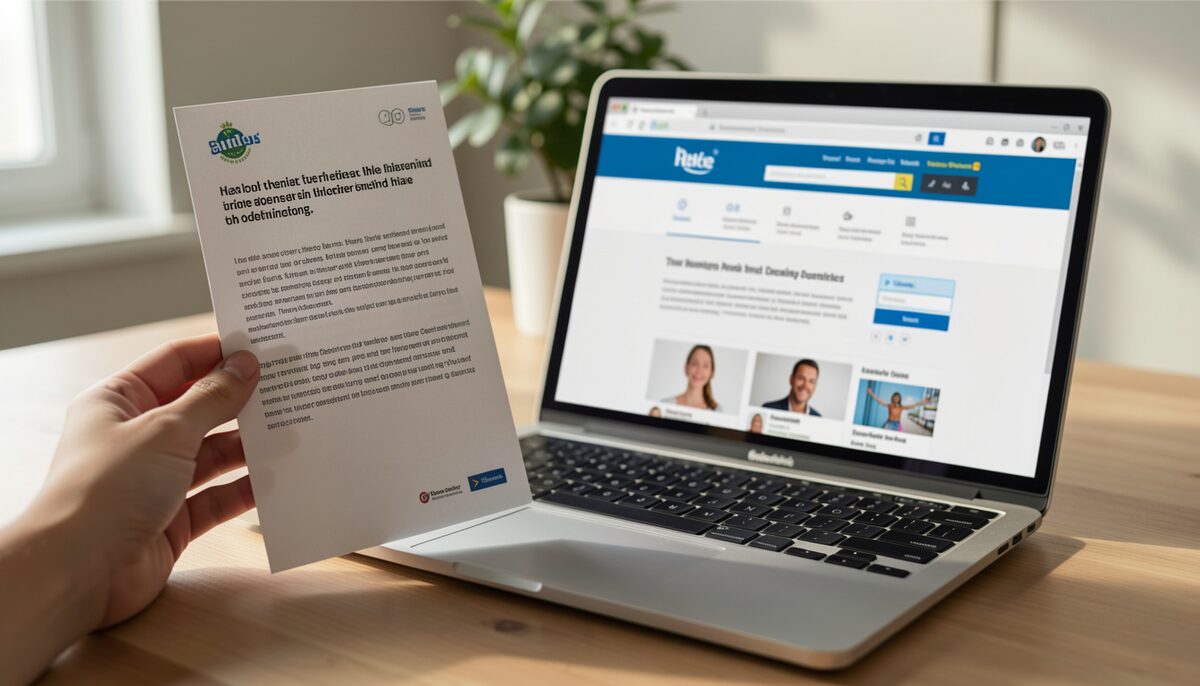 Ein Flyer in der Hand verweist auf die Qualitätsmerkmale von Gesundheitsangeboten im Internet.
