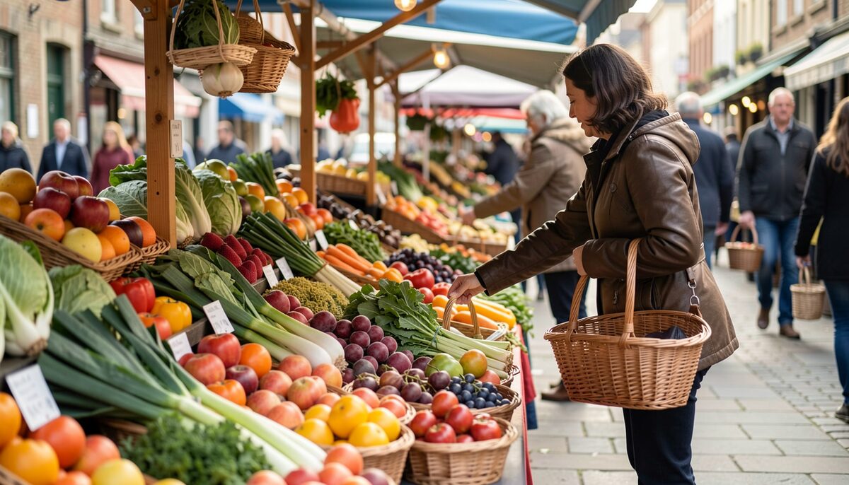 Marktstand mit saisonalem Gemüse und Obst, im Hintergrund greift eine
  Person nach einem Korb.