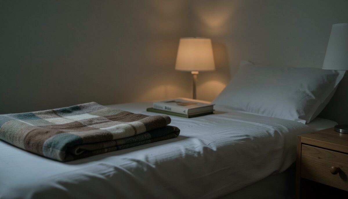 Abendliche Schlafzimmerecke mit gefalteter Decke, Buch und ausgeschalteter
  Nachttischlampe.