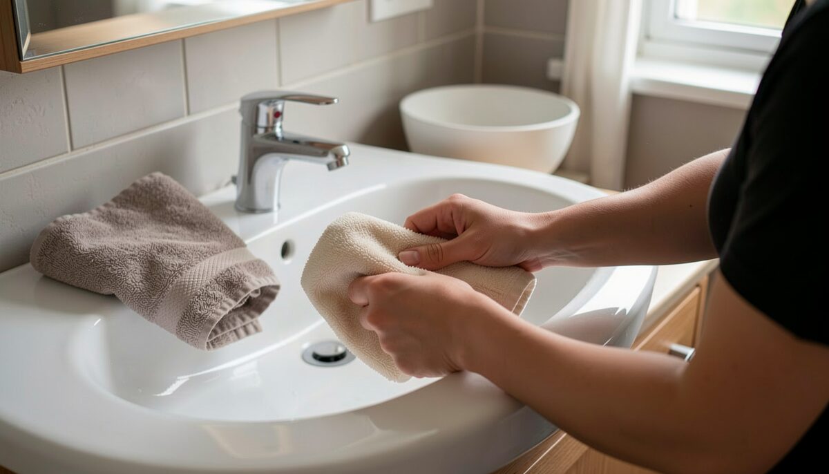 Eine Person wickelt einen warmen Umschlag am Waschbecken, Handtuch
  und Schüssel sichtbar.